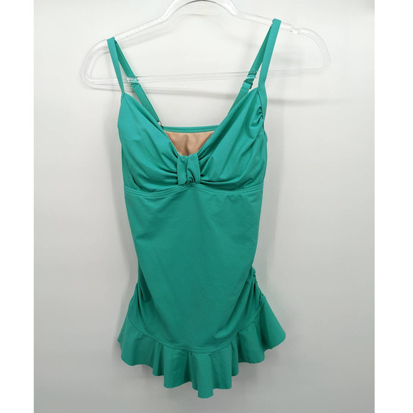 Lands' End Green Tankini Sz 2 Adjustable Straps Underwire Built In Bra Ruffle - Picture 1 of 5
